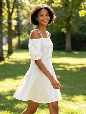 🍭🍭White Off-Shoulder Button-Front Women’s Dress